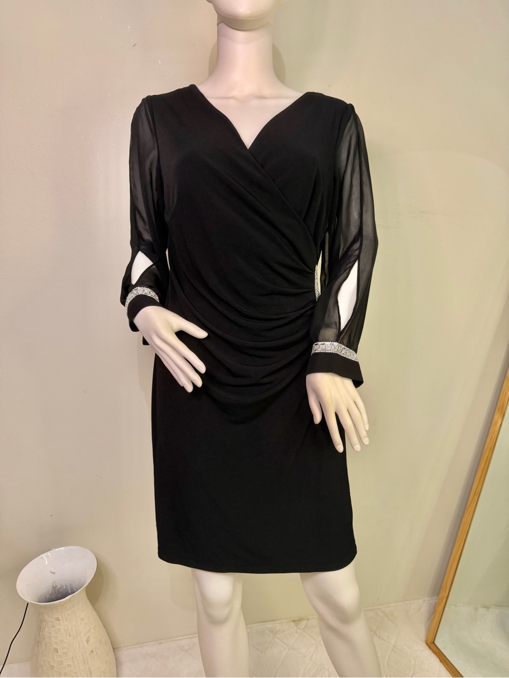 Glamour Black Ruched V-Neck Midi Dress with Sheer Sleeves